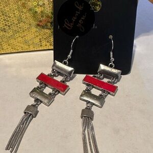 Paparazzi Silver and Red Industrial Earrings with Chain Tassels